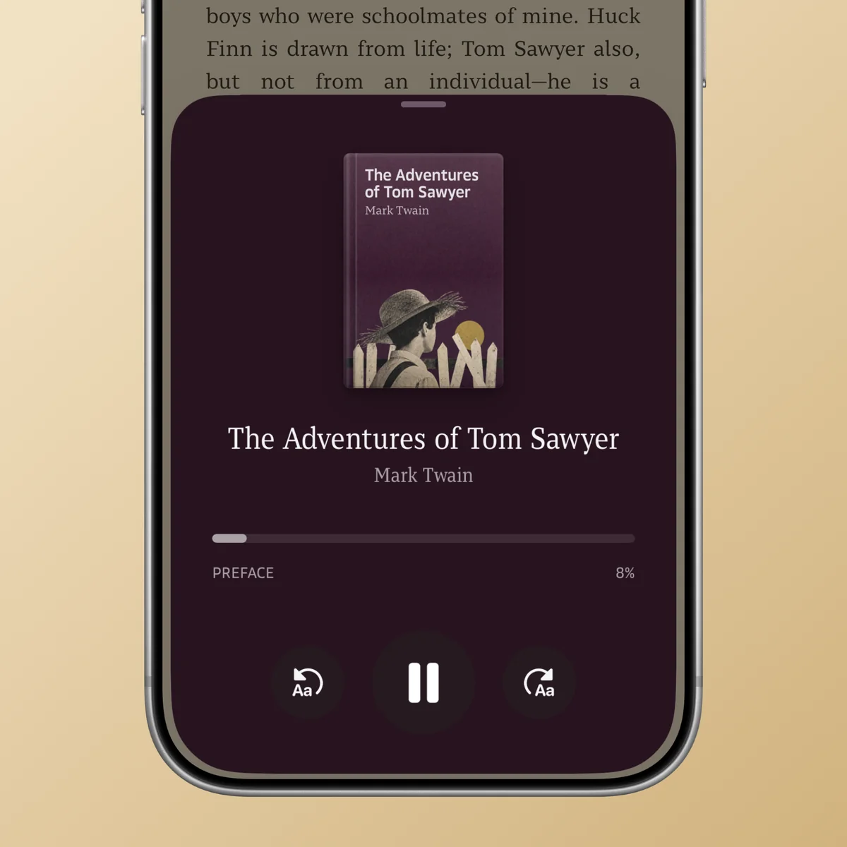 The Narra player over a page of The Adventures of Tom Sawyer by Mark Twain: the cover, the author, a progress bar eight per cent into the preface, and the skip and pause controls.