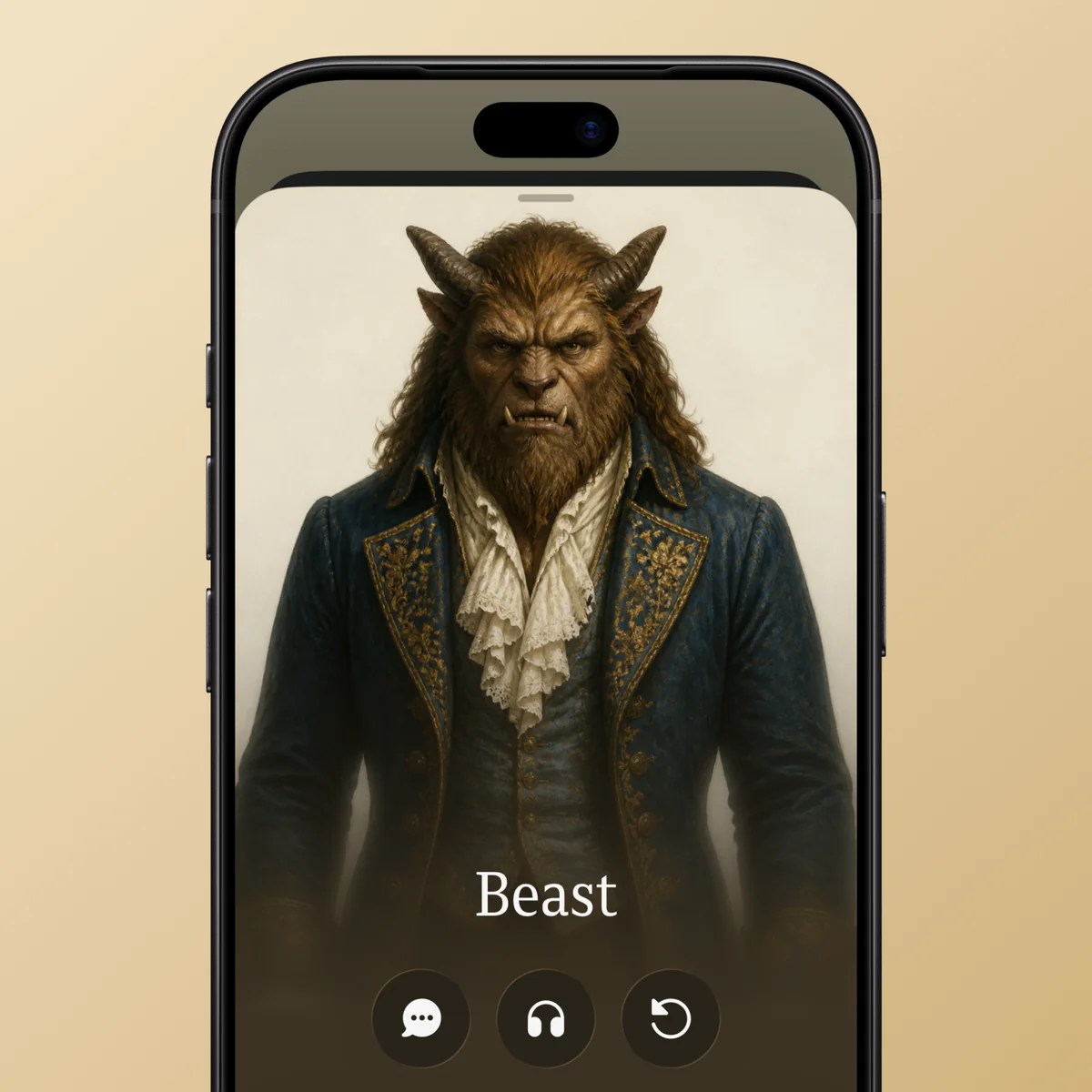 A character screen in Narra: a portrait of the Beast in an embroidered blue coat, drawn from the book’s own descriptions, with his name and buttons for chat, narration and a new portrait.