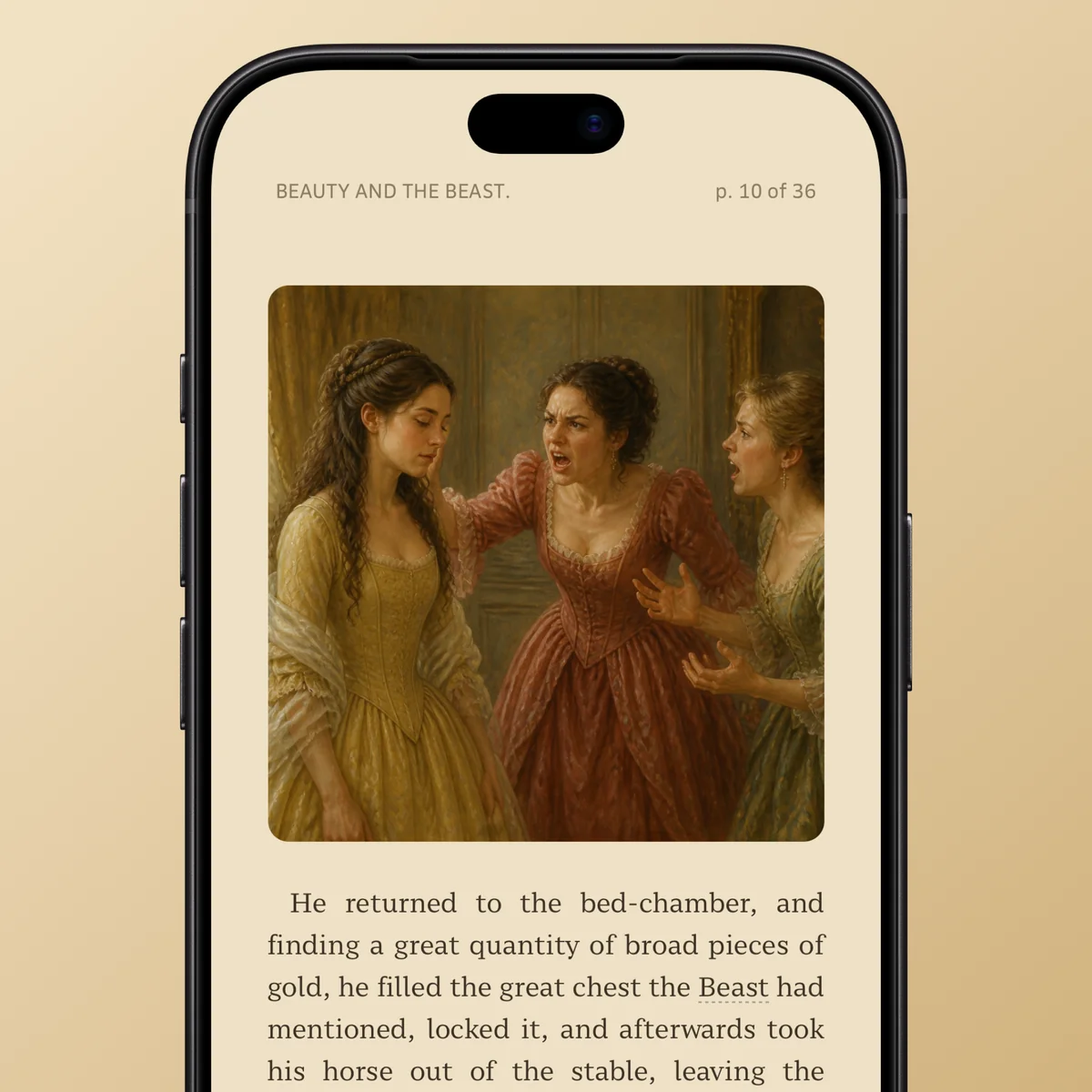 Reading Beauty and the Beast in Narra, page 10 of 36: an illustration of Beauty being scolded by her two sisters, with the text of the chapter below it.